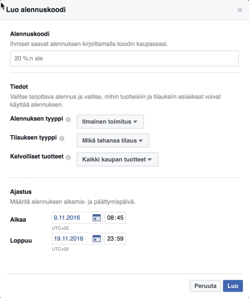 facebook-kaupan alennuskoodien lisääminen