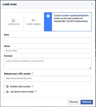 facebook-kaupan tuotteen lisääminen