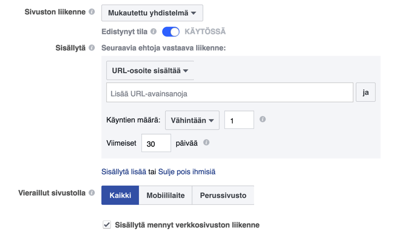 Facebook mukautetut kohderyhmät ja edistynyt tila